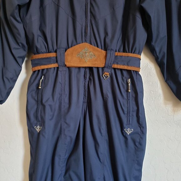 Obermeyer Vintage Milano II Ski Snowsuit Hooded Embroidered Navy Size Women's 10 - Picture 4 of 12